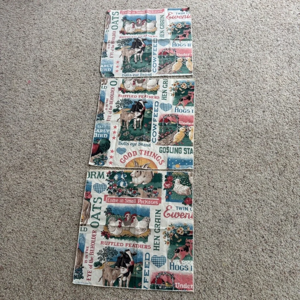 Set‎ of 3 Vintage Style Farmhouse Cloth Napkins Feed Sack Cottage Country Cows
